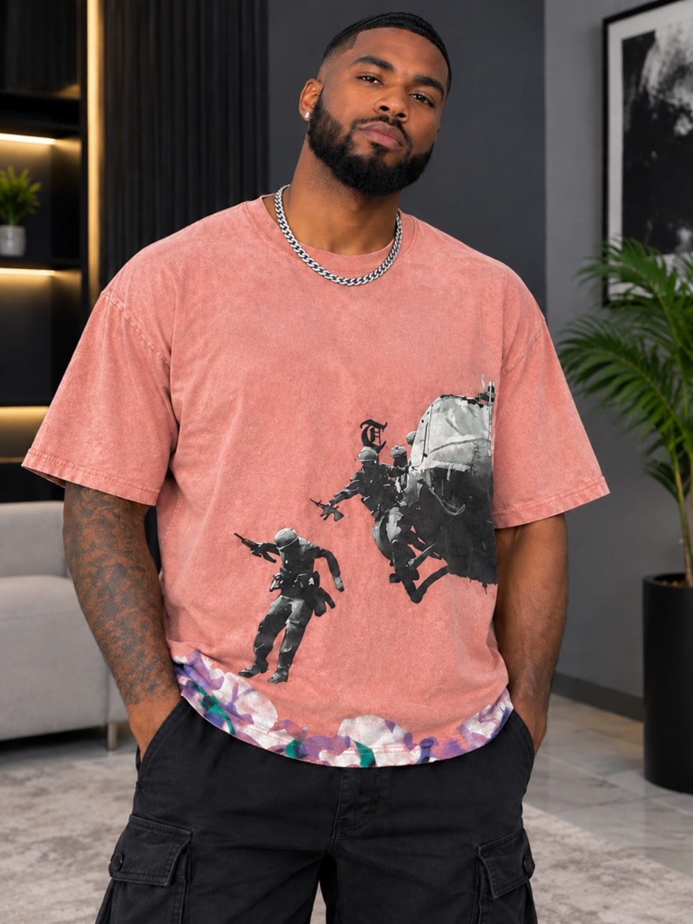 Men's Washed Coral Graphic Tee with Contrast Hem